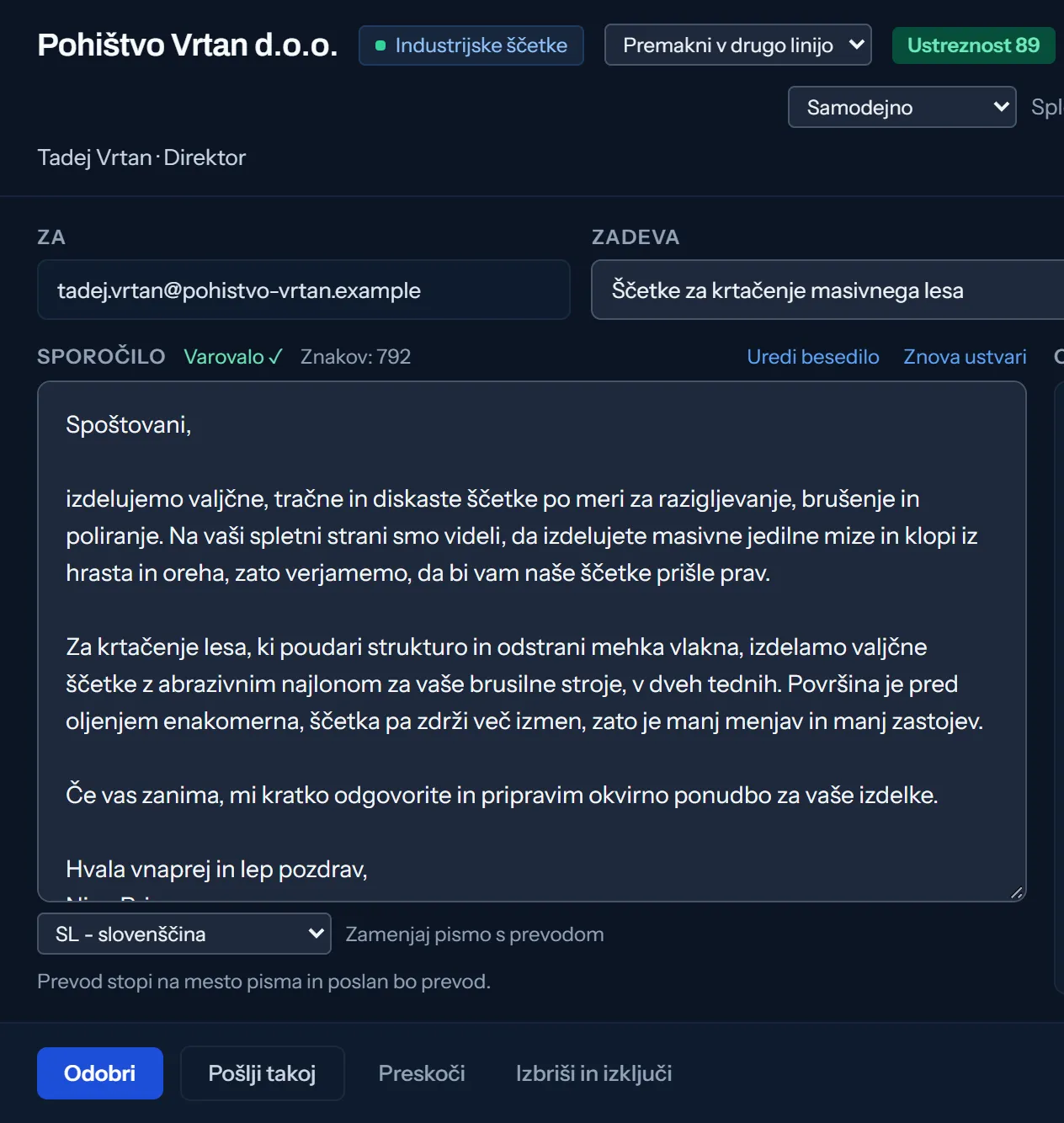 Osnutek pisma, napisan za izbrano podjetje