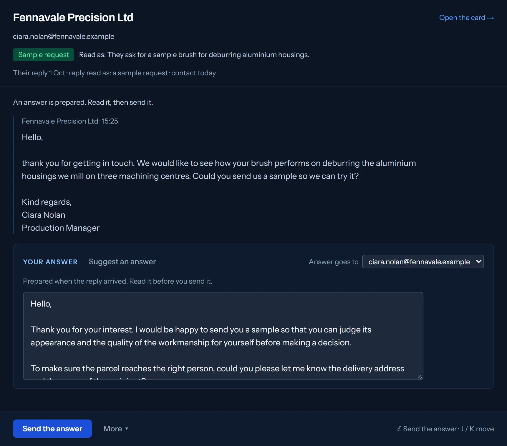 A company's reply and a prepared answer for you to read and send