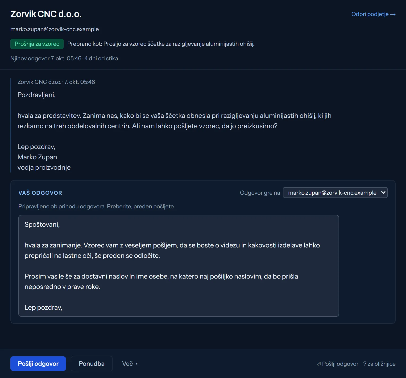 Odgovor podjetja in pripravljen odgovor, ki ga preberete in pošljete