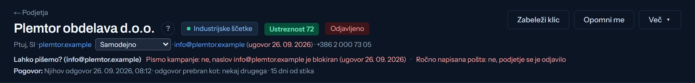 Vrstica na kartici podjetja, ki pove, da mu pisati ne smete